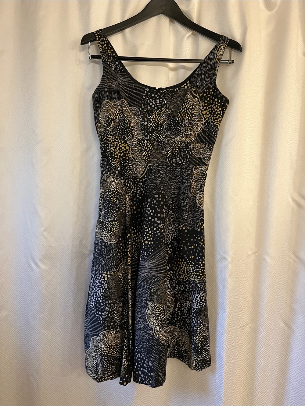 Petite Sophisticate Black Midi Dress with Gold and White Dot Print